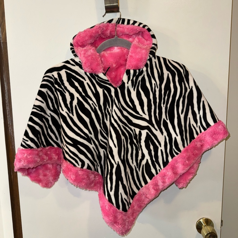 Girl’s Hooded Poncho Zebra Print with Bright Pink Faux Fur Trim and Lining
